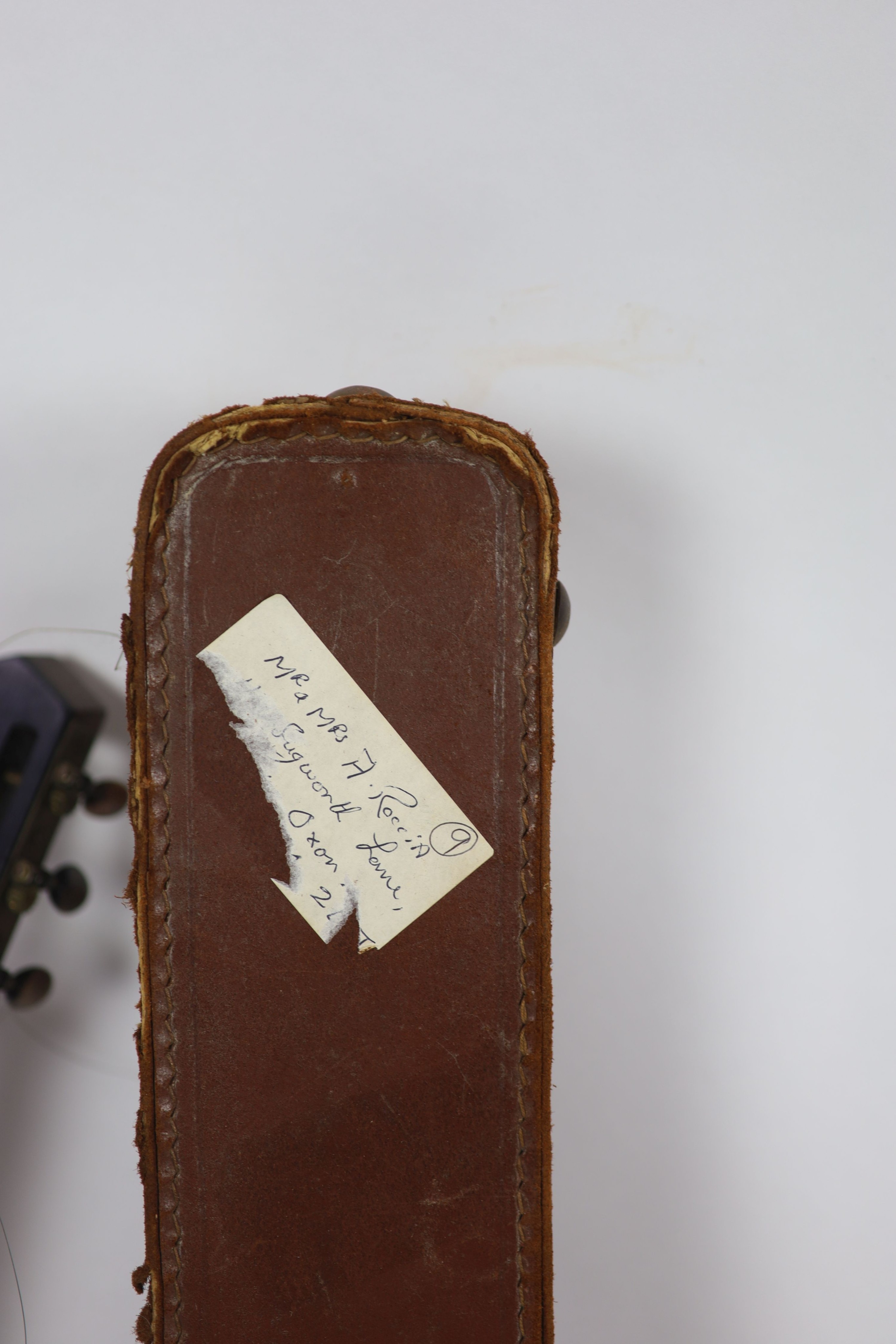 A Clifford Essex banjo overall 90cm, with distressed leather case